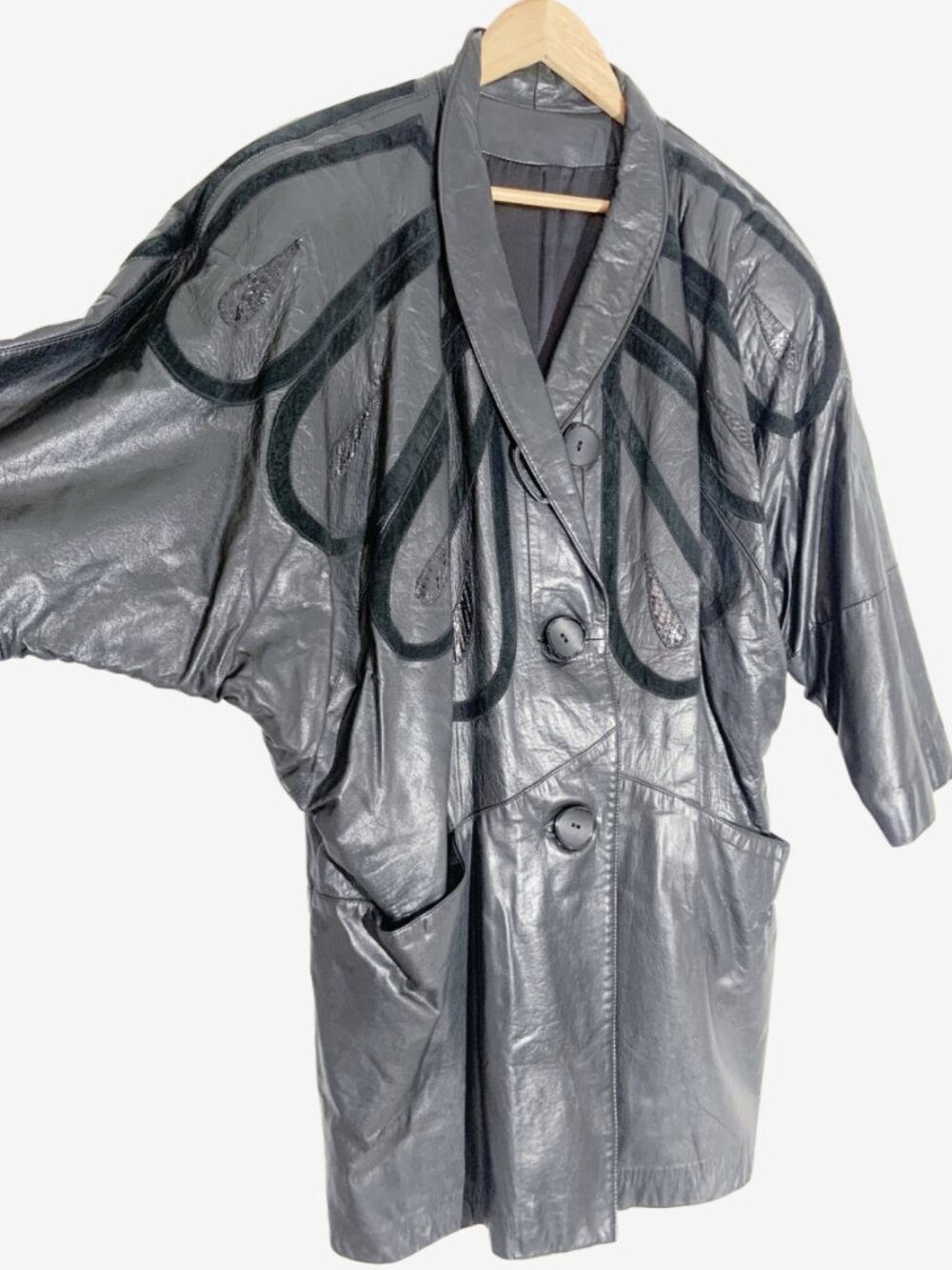 Vintage 1980s Black Leather Overcoat with Contrasting Design / size Medium-Large